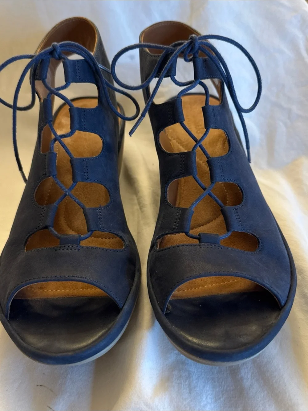 CLARKS ARTISAN Sandals Women 10m Navy Blue Clarene Grace Wedge Lace Up Open Toe